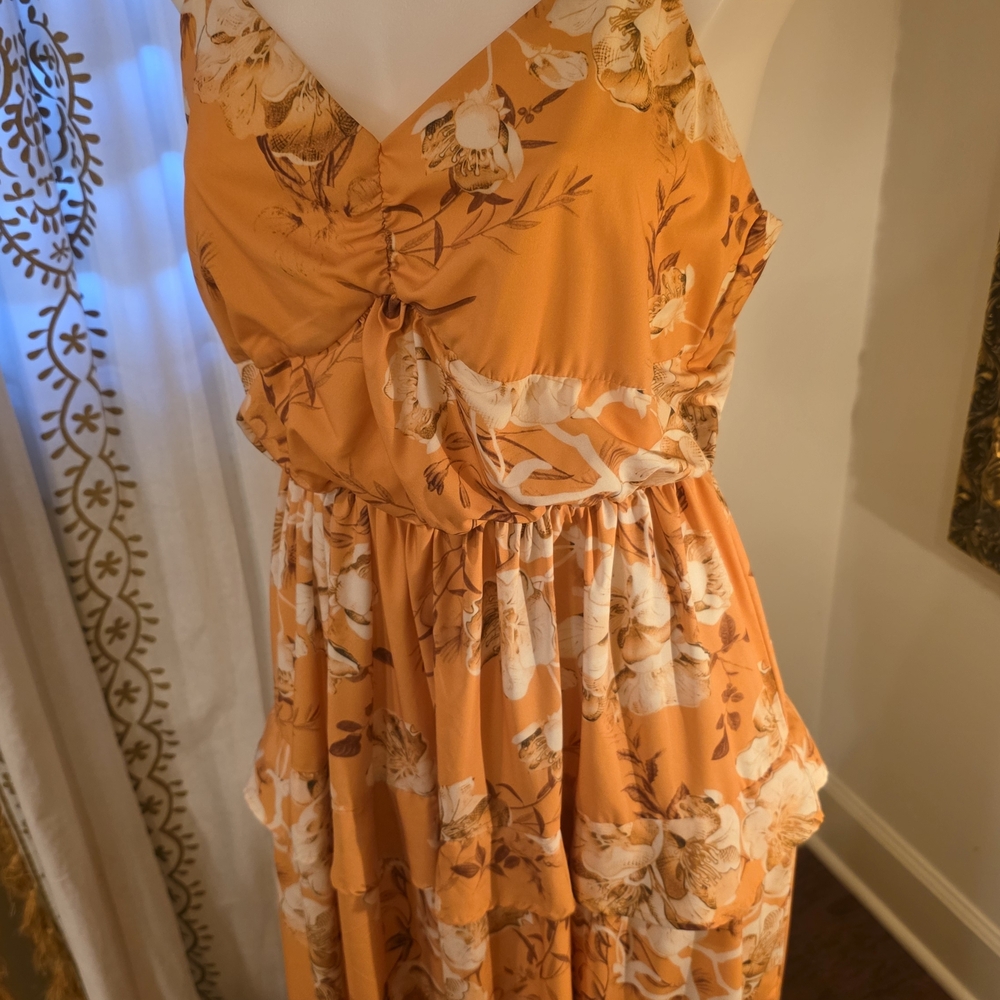 Elegant Floral Midi Dress in Orange